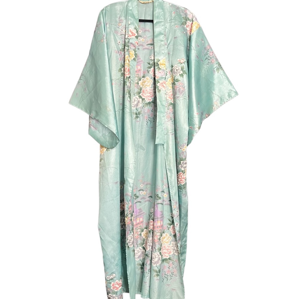 Long Blue Satin Floral Kimono Cover Up